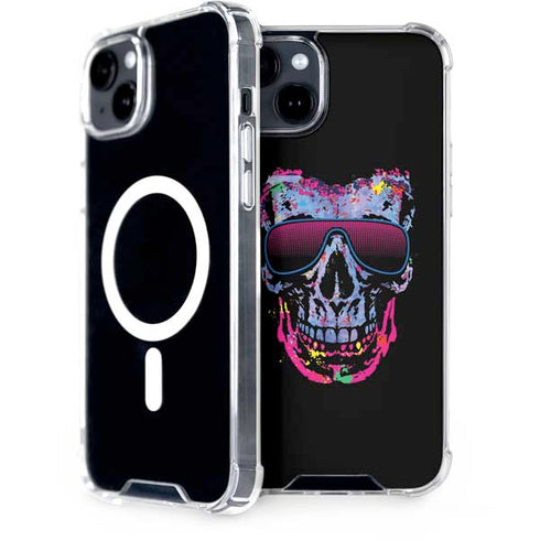 Liquid Blue Neon Skull with Glasses iPhone 15 Plus MagSafe Case