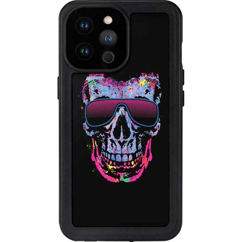 Liquid Blue Neon Skull with Glasses iPhone 14 Pro Max Waterproof Case