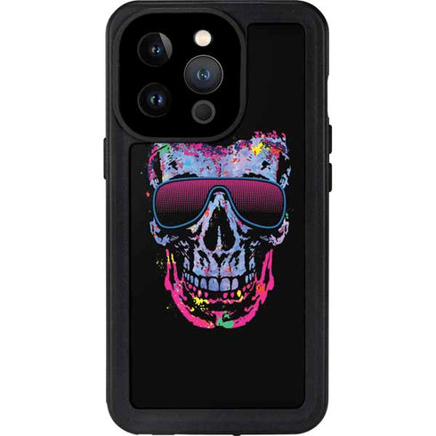 Liquid Blue Neon Skull with Glasses iPhone 14 Pro Waterproof Case