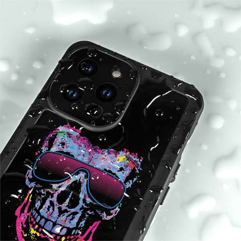 Liquid Blue Neon Skull with Glasses iPhone 14 Pro Waterproof Case