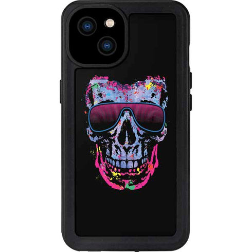 Liquid Blue Neon Skull with Glasses iPhone 15 Plus Waterproof Case