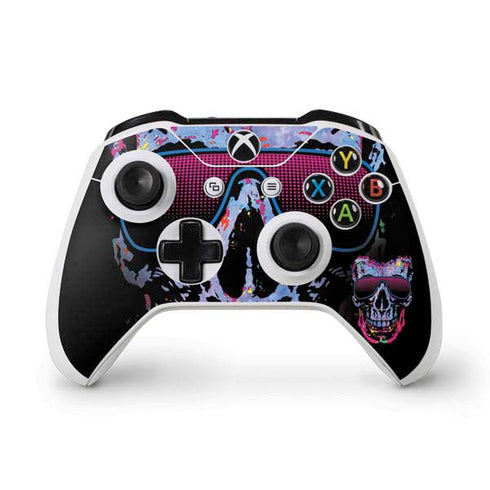 Liquid Blue Neon Skull with Glasses Xbox One S Controller Skin