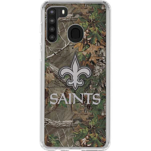 NFL New Orleans Saints Realtree Xtra Green Camo Galaxy A21 Clear Case