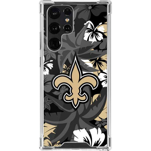 NFL New Orleans Saints Tropical Print Galaxy S22 Ultra Clear Case