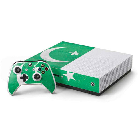 Pakistan Flag Distressed Xbox One S Console and Controller Bundle Skin