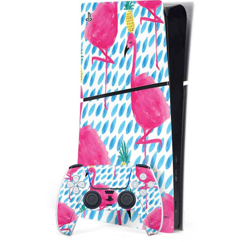 Bouffants and Broken Hearts Party Flamingos PS5 Slim Digital Edition Console Skin
