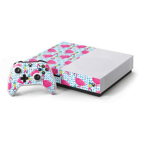 Bouffants and Broken Hearts Party Flamingos Xbox One S Console and Controller Bundle Skin