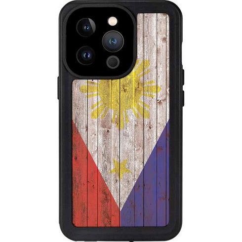 Philippines Flag Dark Wood iPhone 14 Pro Waterproof Case