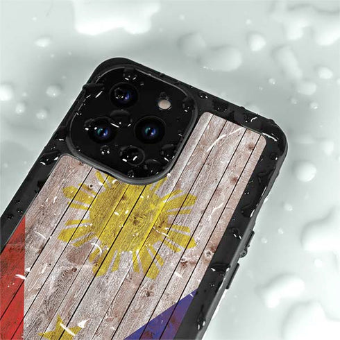 Philippines Flag Dark Wood iPhone 14 Pro Waterproof Case