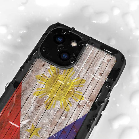 Philippines Flag Dark Wood iPhone 15 Plus Waterproof Case