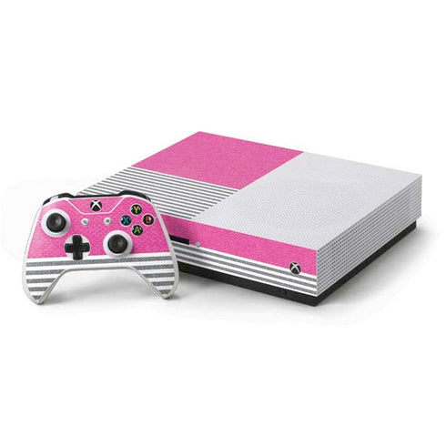 Pink and Grey Stripes Xbox One S Console and Controller Bundle Skin