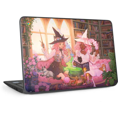 Pink Anime Witch Girls in Library with Cats by Ivy Dolamore HP Chromebook Skin