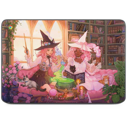 Pink Anime Witch Girls in Library with Cats by Ivy Dolamore HP Chromebook Skin