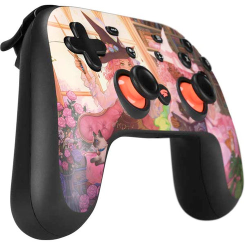 Pink Anime Witch Girls in Library with Cats by Ivy Dolamore Google Stadia Controller Skin