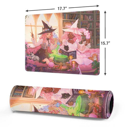 Pink Anime Witch Girls in Library with Cats by Ivy Dolamore Gaming Mouse Pad