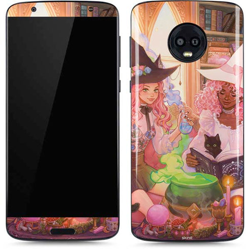 Pink Anime Witch Girls in Library with Cats by Ivy Dolamore Moto G6 Skin
