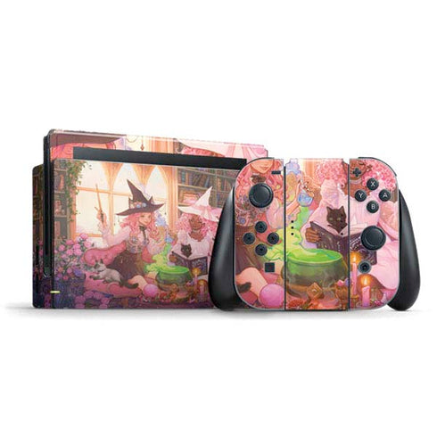 Pink Anime Witch Girls in Library with Cats by Ivy Dolamore Nintendo Switch Bundle Skin