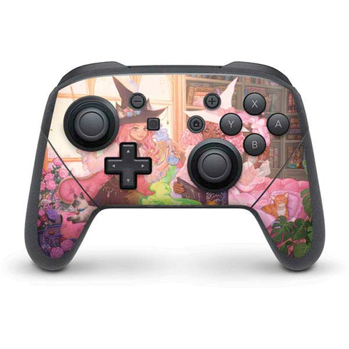 Pink Anime Witch Girls in Library with Cats by Ivy Dolamore Nintendo Switch Pro Controller Skin