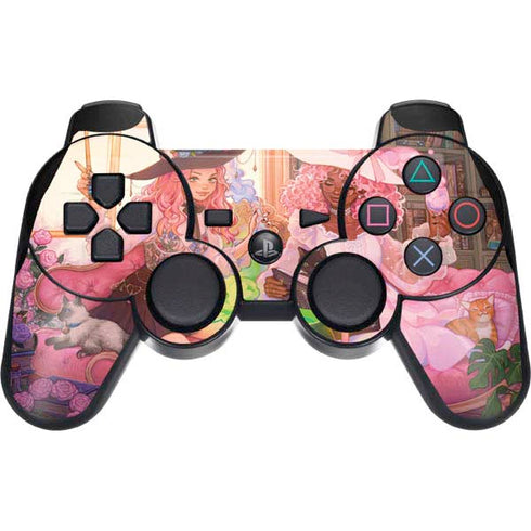 Pink Anime Witch Girls in Library with Cats by Ivy Dolamore PS3 Dual Shock wireless controller Skin