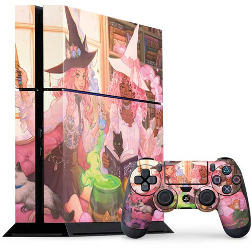 Pink Anime Witch Girls in Library with Cats by Ivy Dolamore PS4 Console and Controller Bundle Skin