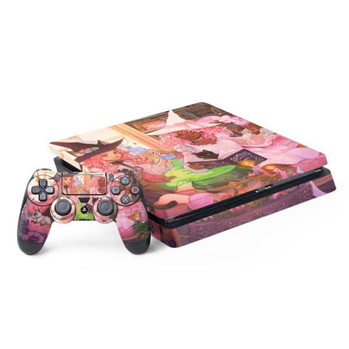 Pink Anime Witch Girls in Library with Cats by Ivy Dolamore PS4 Slim Bundle Skin