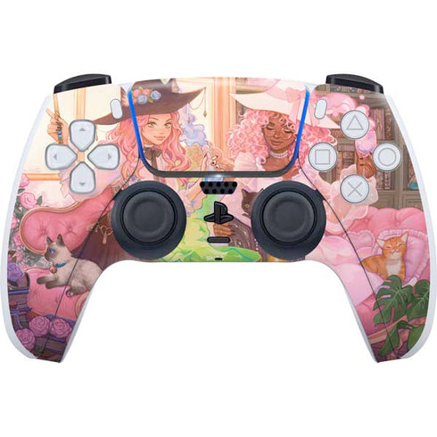 Pink Anime Witch Girls in Library with Cats by Ivy Dolamore PS5 Controller Skin