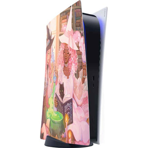 Pink Anime Witch Girls in Library with Cats by Ivy Dolamore PS5 Digital Edition Console Skin
