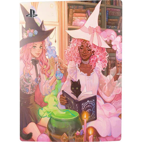 Pink Anime Witch Girls in Library with Cats by Ivy Dolamore PS5 Digital Edition Console Skin