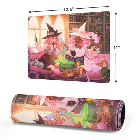 Pink Anime Witch Girls in Library with Cats by Ivy Dolamore Gaming Mouse Pad