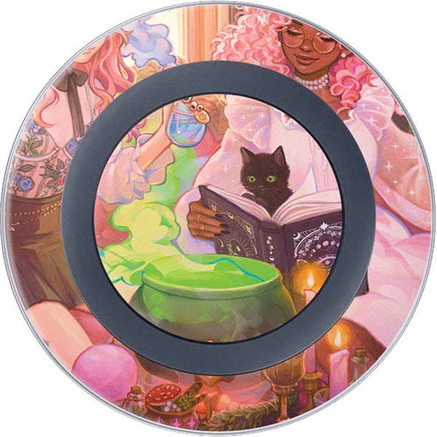 Pink Anime Witch Girls in Library with Cats by Ivy Dolamore Wireless Charger Skin