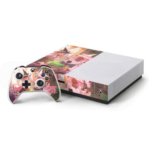 Pink Anime Witch Girls in Library with Cats by Ivy Dolamore Xbox One S Console and Controller Bundle Skin