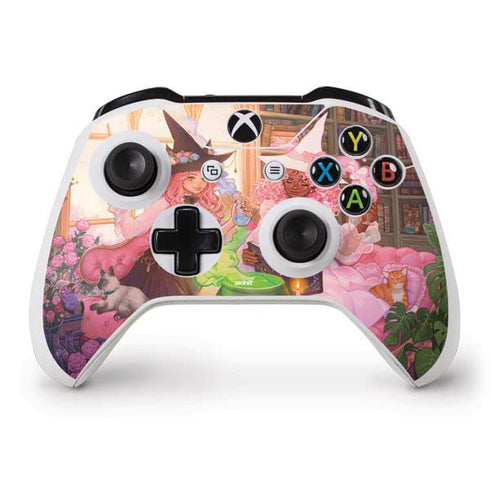 Pink Anime Witch Girls in Library with Cats by Ivy Dolamore Xbox One S Controller Skin