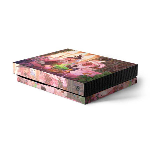 Pink Anime Witch Girls in Library with Cats by Ivy Dolamore Xbox One X Console Skin