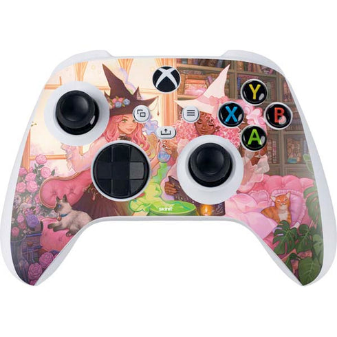 Pink Anime Witch Girls in Library with Cats by Ivy Dolamore Xbox Series S Controller Skin