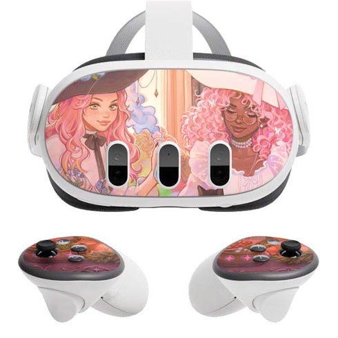 Pink Anime Witch Girls in Library with Cats by Ivy Dolamore Meta Quest 3 Skin