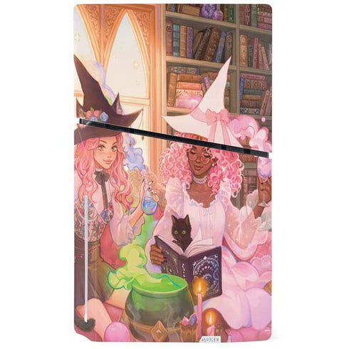 Pink Anime Witch Girls in Library with Cats by Ivy Dolamore PS5 Slim Disk Bundle Skin