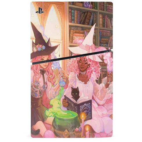 Pink Anime Witch Girls in Library with Cats by Ivy Dolamore PS5 Slim Disk Console Skin