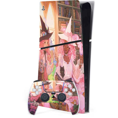 Pink Anime Witch Girls in Library with Cats by Ivy Dolamore PS5 Slim Digital Edition Bundle Skin