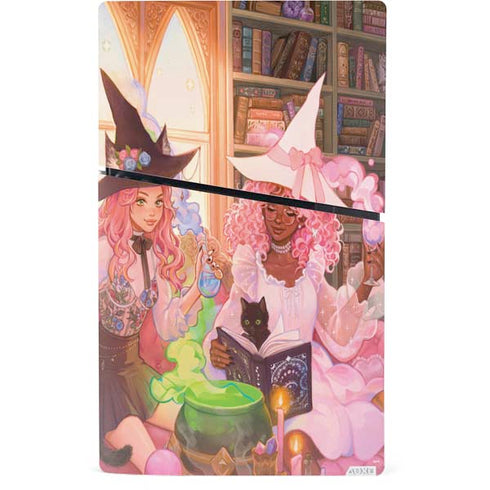 Pink Anime Witch Girls in Library with Cats by Ivy Dolamore PS5 Slim Digital Edition Bundle Skin