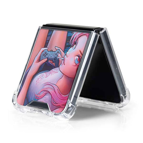 Pink Hair Anime Gamer Girl by Ivy Dolamore Galaxy Z Flip5 5G Clear Case