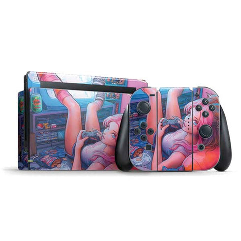 Pink Hair Anime Gamer Girl by Ivy Dolamore Nintendo Switch Bundle Skin