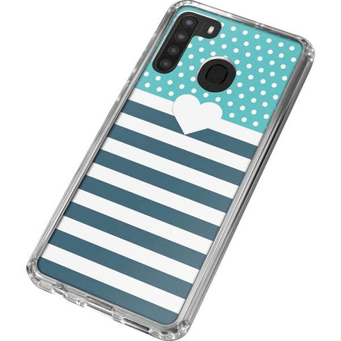 Polka Dots and Stripes Heart in Blue Galaxy A21 Clear Case