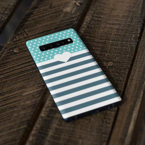 Polka Dots and Stripes Heart in Blue Galaxy S10 Plus Skin