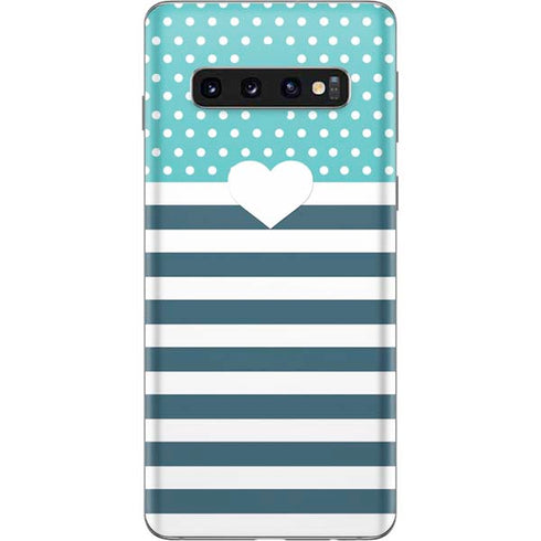 Polka Dots and Stripes Heart in Blue Galaxy S10 Skin