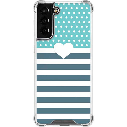 Polka Dots and Stripes Heart in Blue Galaxy S21 FE Clear Case