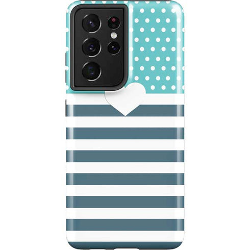 Polka Dots and Stripes Heart in Blue Galaxy S21 Ultra 5G Pro Case