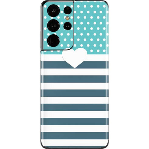 Polka Dots and Stripes Heart in Blue Galaxy S21 Ultra 5G Skin