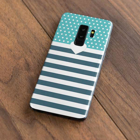 Polka Dots and Stripes Heart in Blue Galaxy S9 Plus Skin