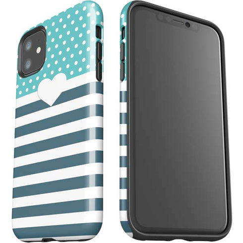 Polka Dots and Stripes Heart in Blue iPhone 11 Impact Case