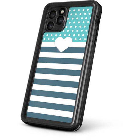 Polka Dots and Stripes Heart in Blue iPhone 11 Pro Waterproof Case